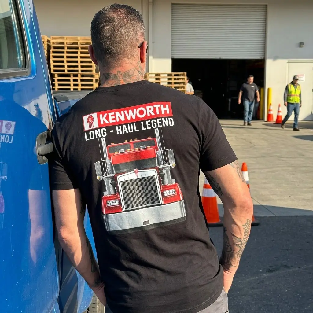 Kenworth Long Haul Legend T-Shirt 6 Individual wearing a Kenworth truck T-shirt in a casual scene.