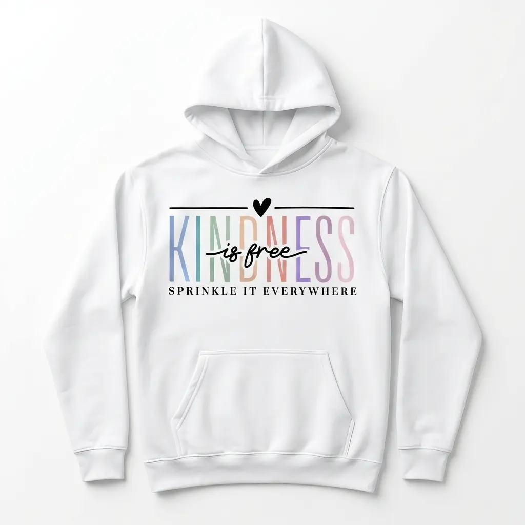 Front view of a white shirt with 'Kindness Is Free' design in pastel colors.