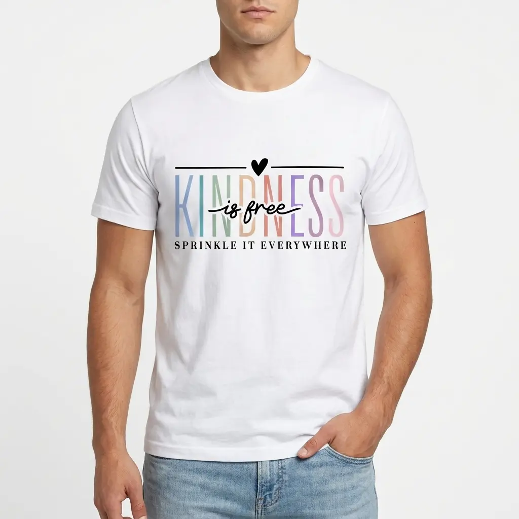 Teacher-themed t-shirt featuring 'Kindness Is Free' message, shown flat.