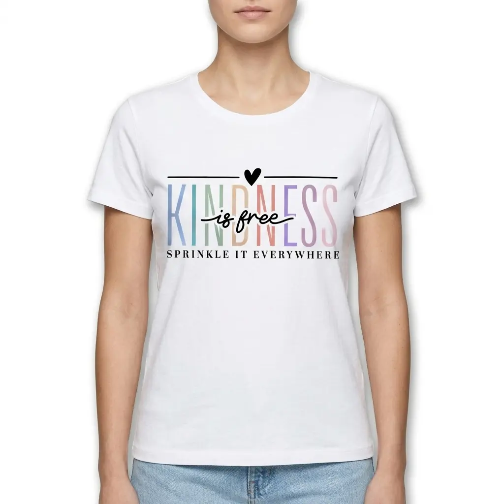 Close-up of 'Kindness Is Free Sprinkle It Everywhere' text on a white tee.
