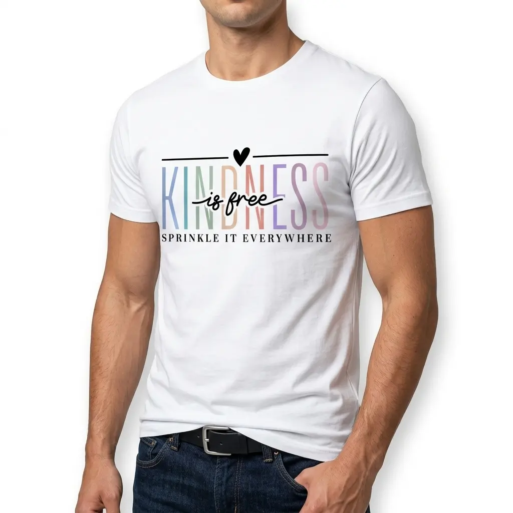 White shirt with multi-colored text 'Kindness Is Free' displayed.