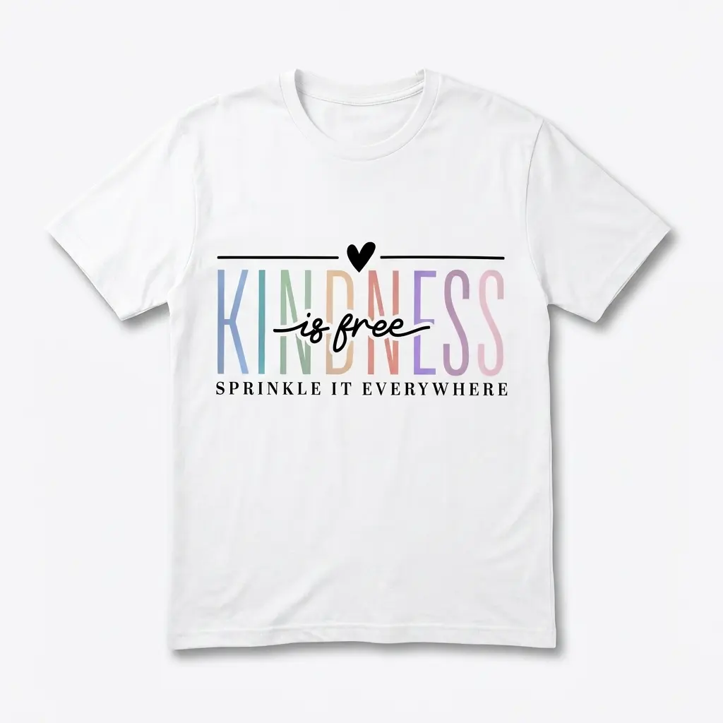 White t-shirt with 'Kindness Is Free Sprinkle It Everywhere' in colorful text.