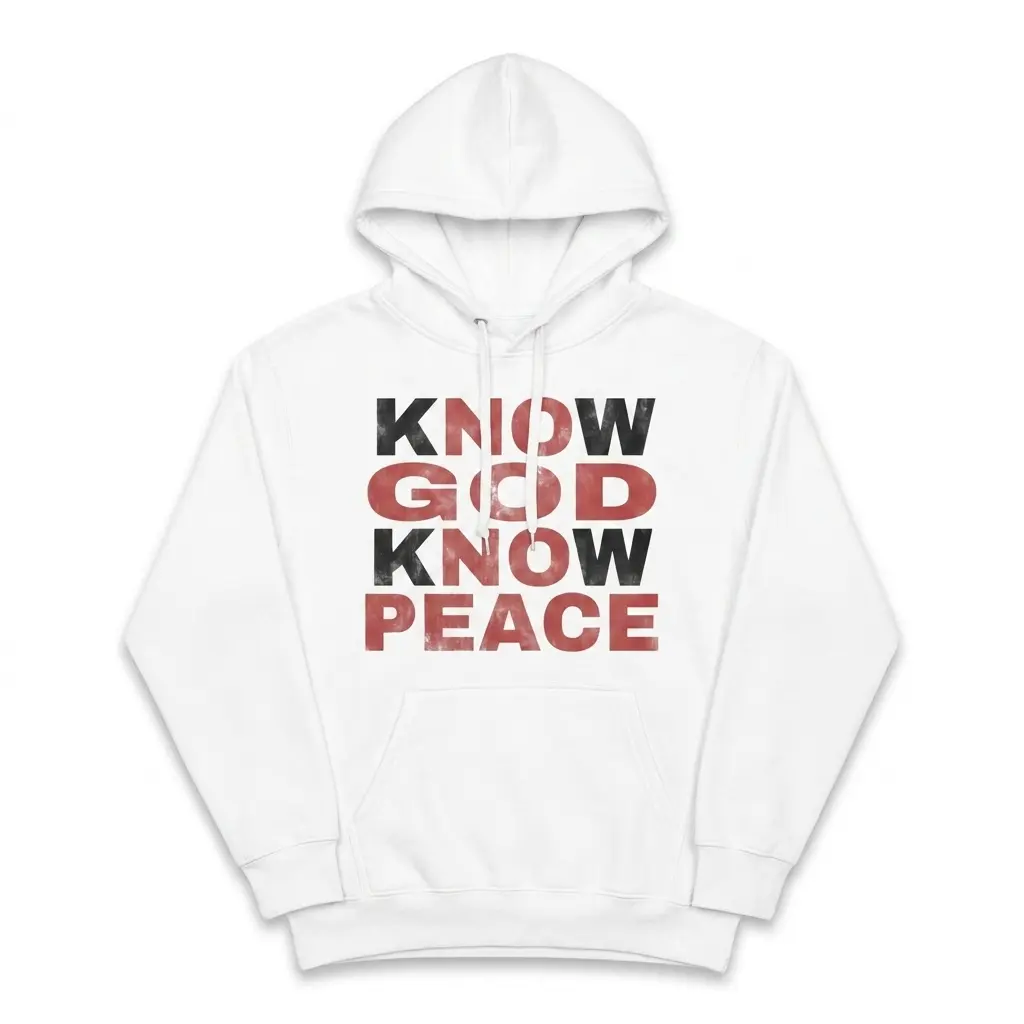Christian shirt mockup with 'Know God Know Peace' slogan in bold text.