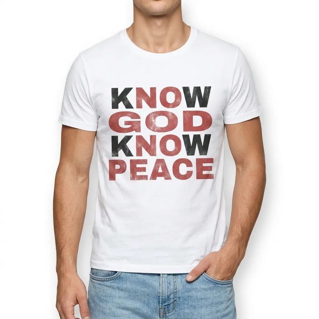 Front view of T-shirt featuring 'Know God Know Peace' text design.