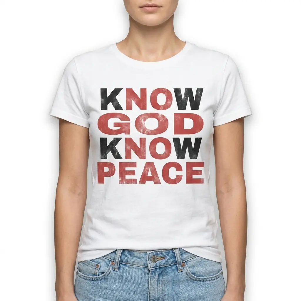 Faith-themed T-shirt displaying 'Know God Know Peace' in striking font.