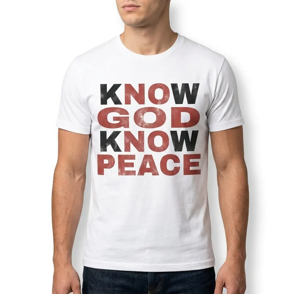 Graphic T-shirt with inspirational 'Know God Know Peace' message.