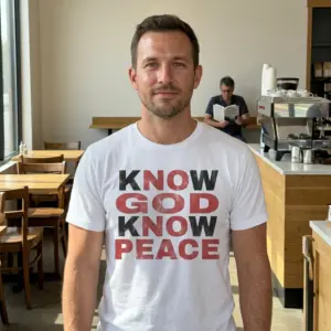 Know God Know Peace Christian T-Shirt 11 Person wearing 'Know God Know Peace' T-shirt in a natural setting.