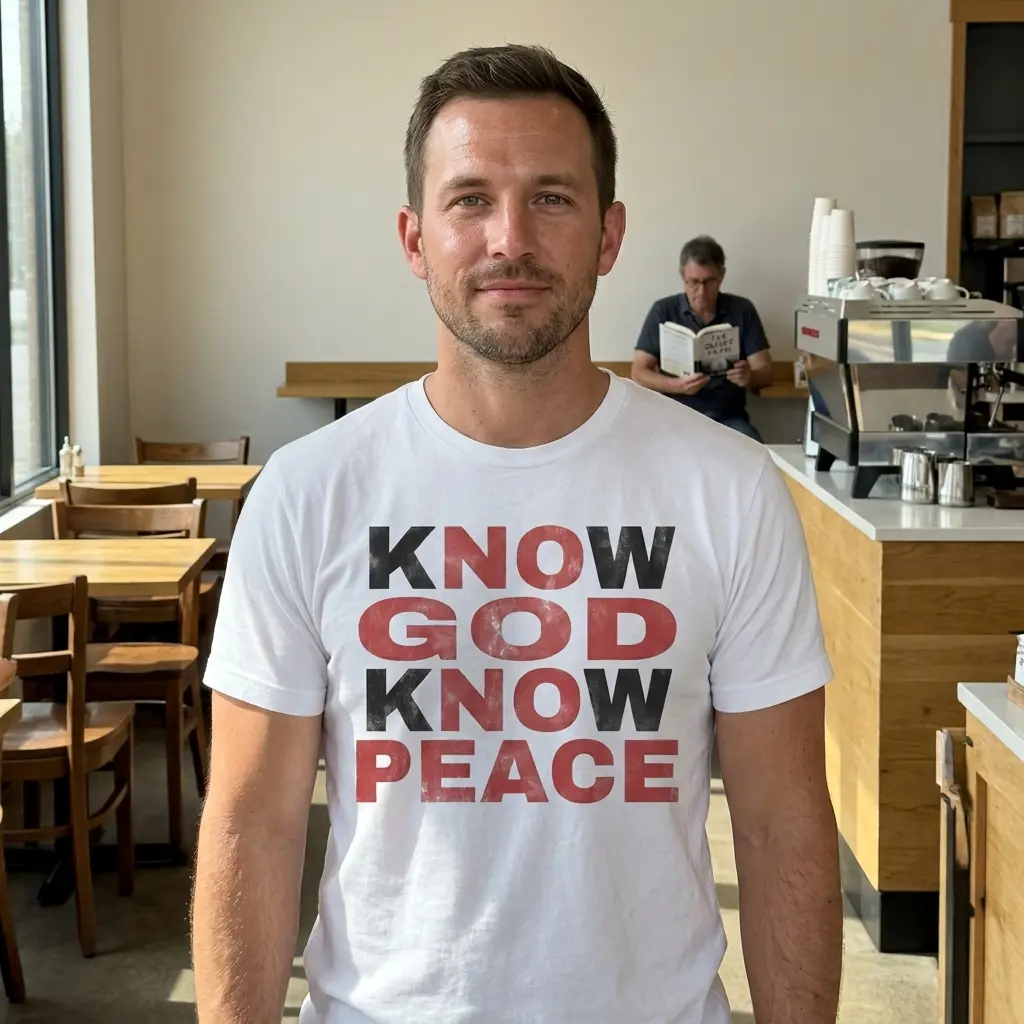Person wearing 'Know God Know Peace' T-shirt in a natural setting.