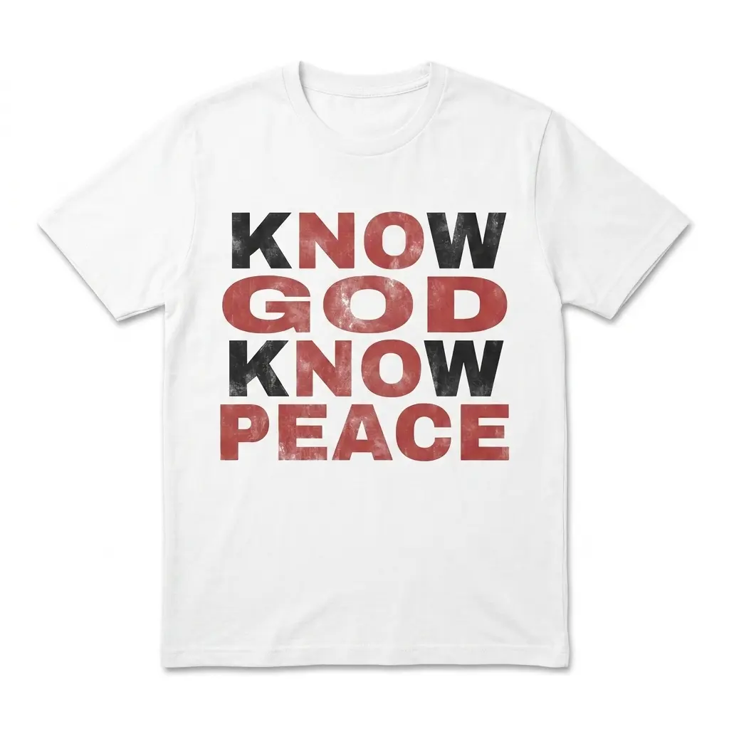 White T-shirt with bold text 'Know God Know Peace' in black and red.