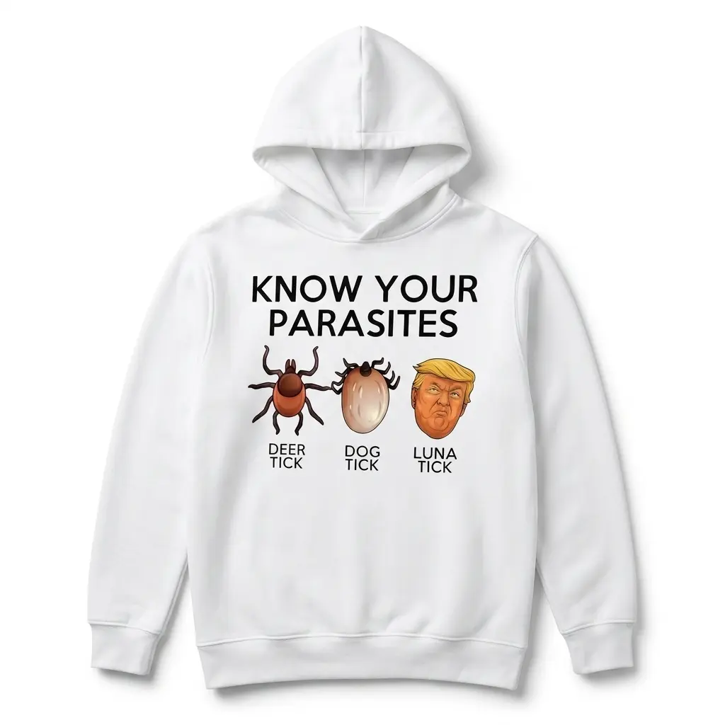 Front view of satire shirt featuring tick illustrations.