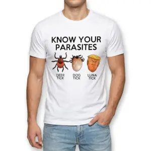 Know Your Parasites Political Satire T-Shirt 8 Know Your Parasites' text with cartoon faces on shirt.