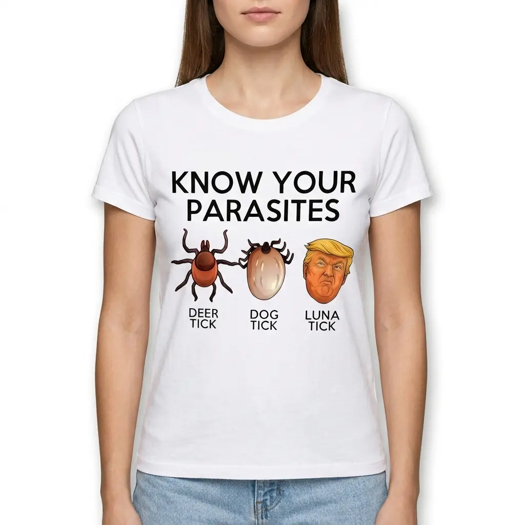 White shirt displaying political satire with ticks.