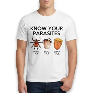 Know Your Parasites Political Satire T-Shirt 10 Humorous political shirt with tick drawings and labels.
