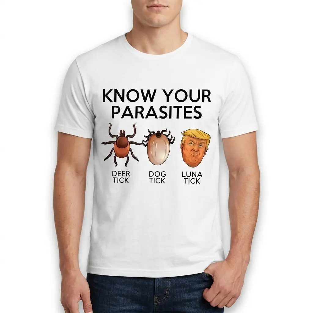 Humorous political shirt with tick drawings and labels.