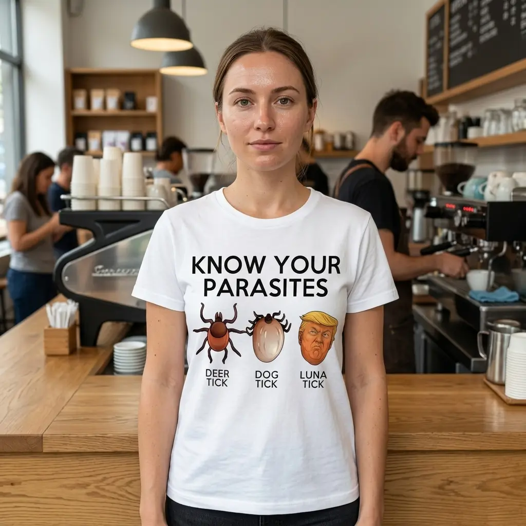 Person wearing a 'Know Your Parasites' satire T-shirt.