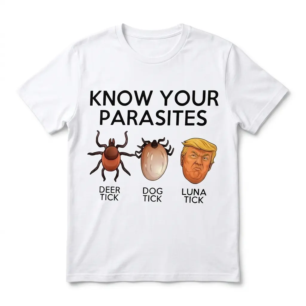 Political satire shirt with 'Know Your Parasites' design.