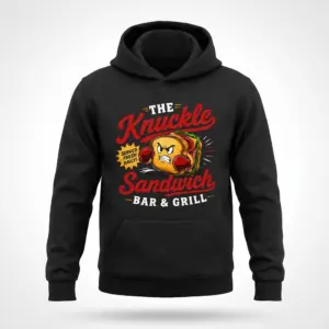 Knuckle Sandwich Bar And Grill Funny Food Pun T-Shirt 7 White hoodie flat lay printed with a humorous cartoon of a boxing sandwich and The Knuckle Sandwich Bar And Grill diner logo