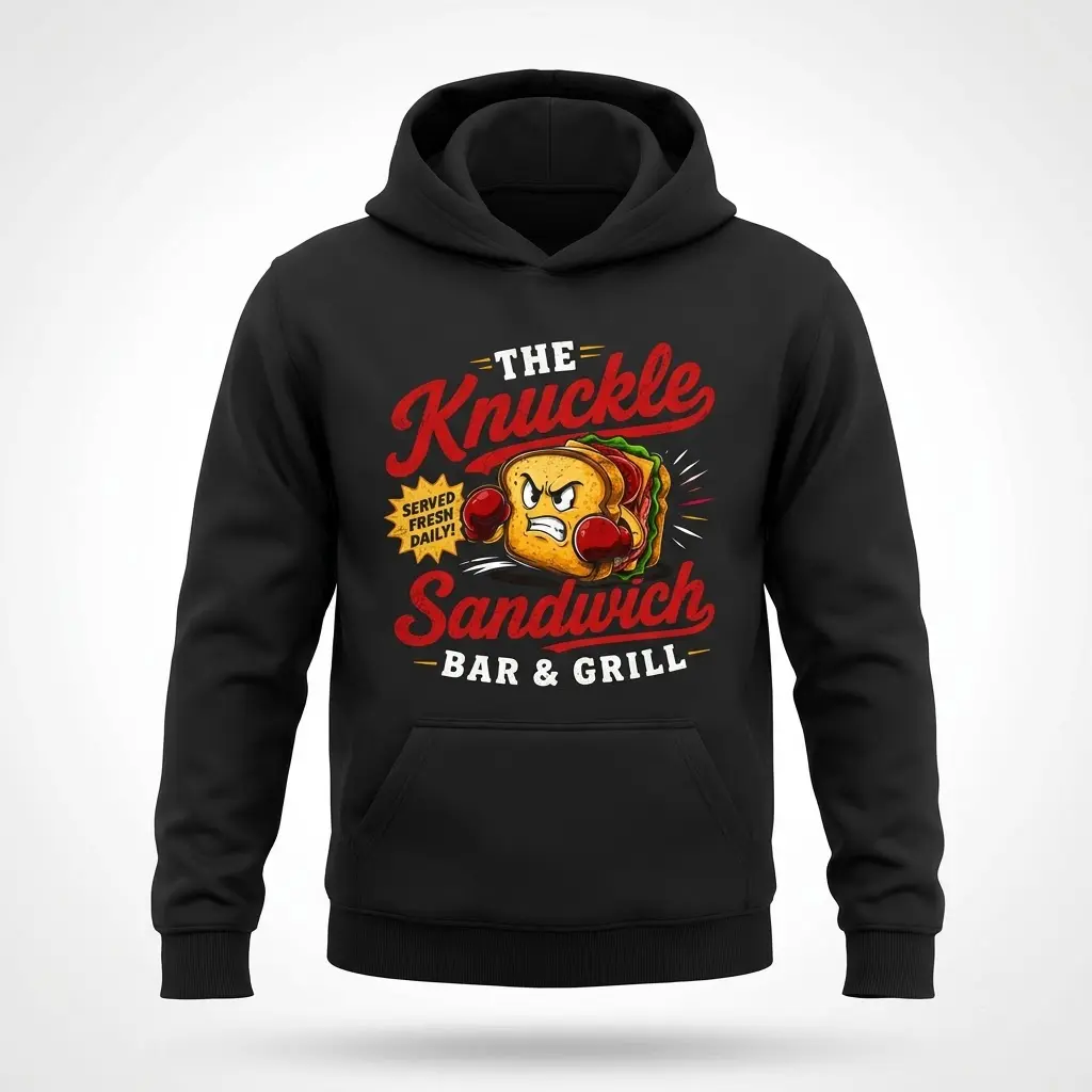 White hoodie flat lay printed with a humorous cartoon of a boxing sandwich and The Knuckle Sandwich Bar And Grill diner logo