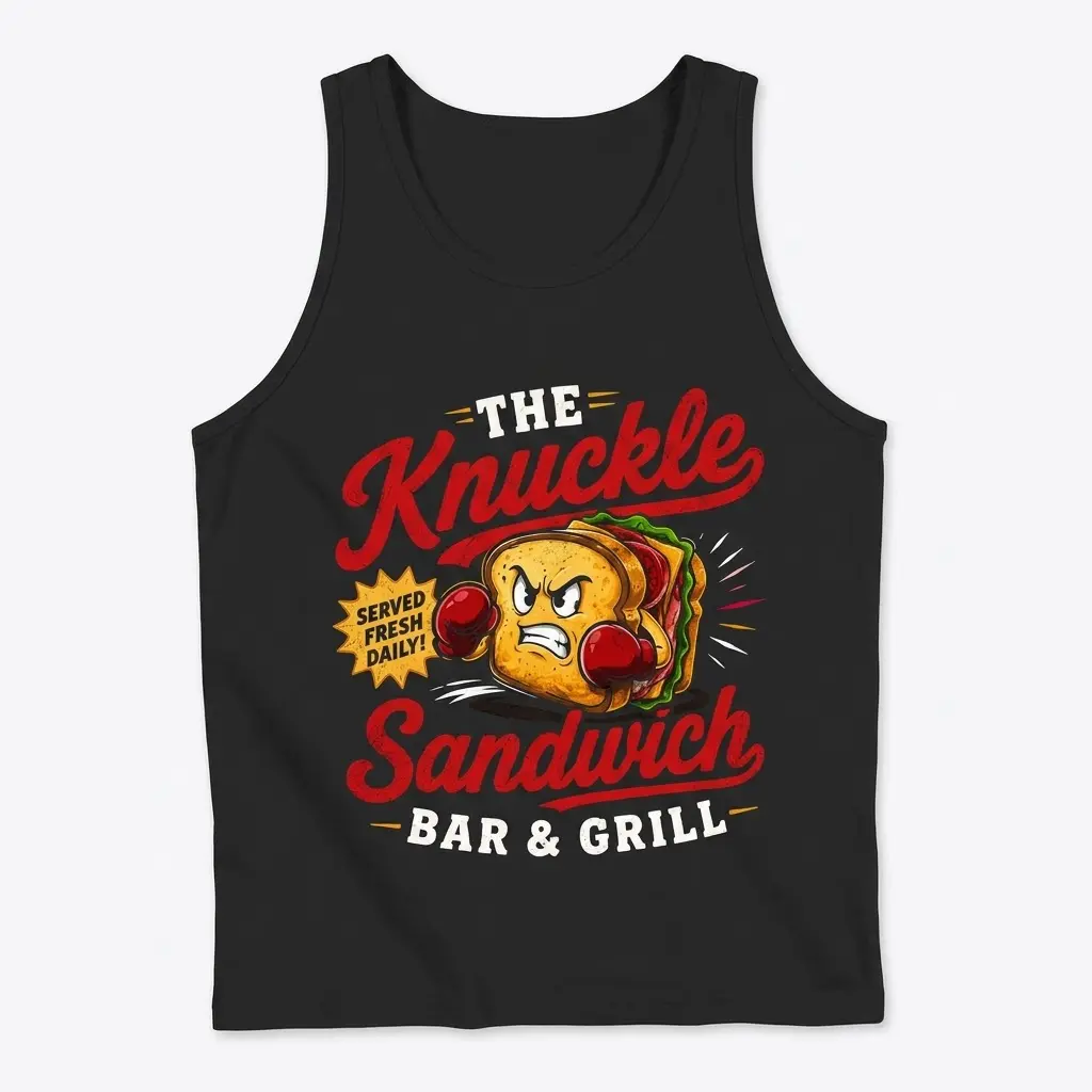 White tank top flat lay displaying a funny food pun graphic of a cartoon sandwich in boxing gloves for a fictional diner