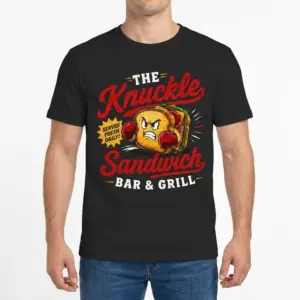 Knuckle Sandwich Bar And Grill Funny Food Pun T-Shirt 9 Man wearing a white t-shirt with a vintage cartoon knuckle sandwich boxing graphic and diner-style lettering on the front