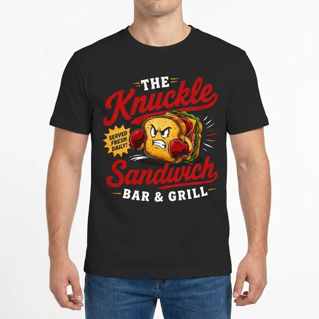 Man wearing a white t-shirt with a vintage cartoon knuckle sandwich boxing graphic and diner-style lettering on the front