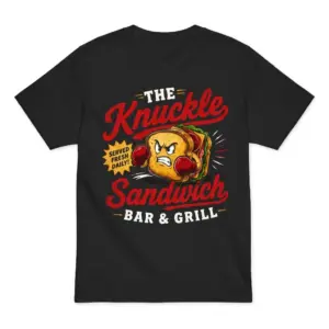 Knuckle Sandwich Bar And Grill Funny Food Pun Tank Top 7 White t-shirt flat lay featuring a cartoon sandwich wearing boxing gloves with text reading The Knuckle Sandwich Bar And Grill