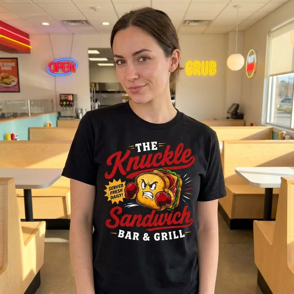 Lifestyle shot showcasing the Knuckle Sandwich Bar And Grill funny food pun graphic tee in a casual setting