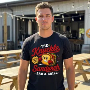 Knuckle Sandwich Bar And Grill Funny Food Pun T-Shirt 11 Casual lifestyle image highlighting the humorous boxing sandwich cartoon design printed on a white graphic tee