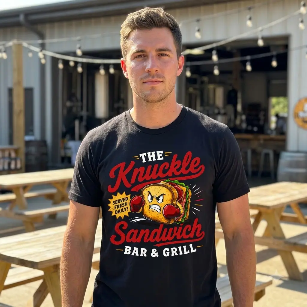 Casual lifestyle image highlighting the humorous boxing sandwich cartoon design printed on a white graphic tee