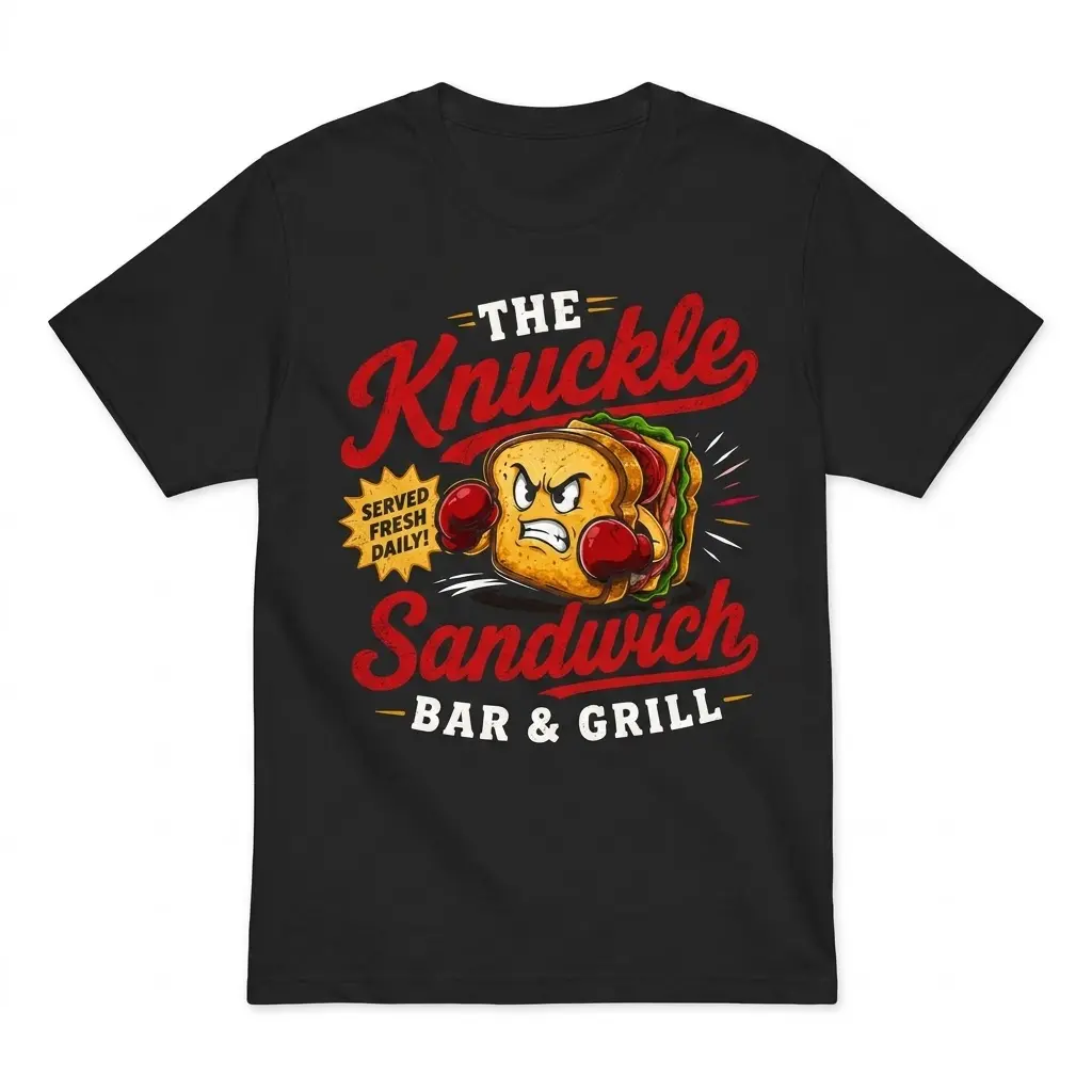 White t-shirt flat lay featuring a cartoon sandwich wearing boxing gloves with text reading The Knuckle Sandwich Bar And Grill