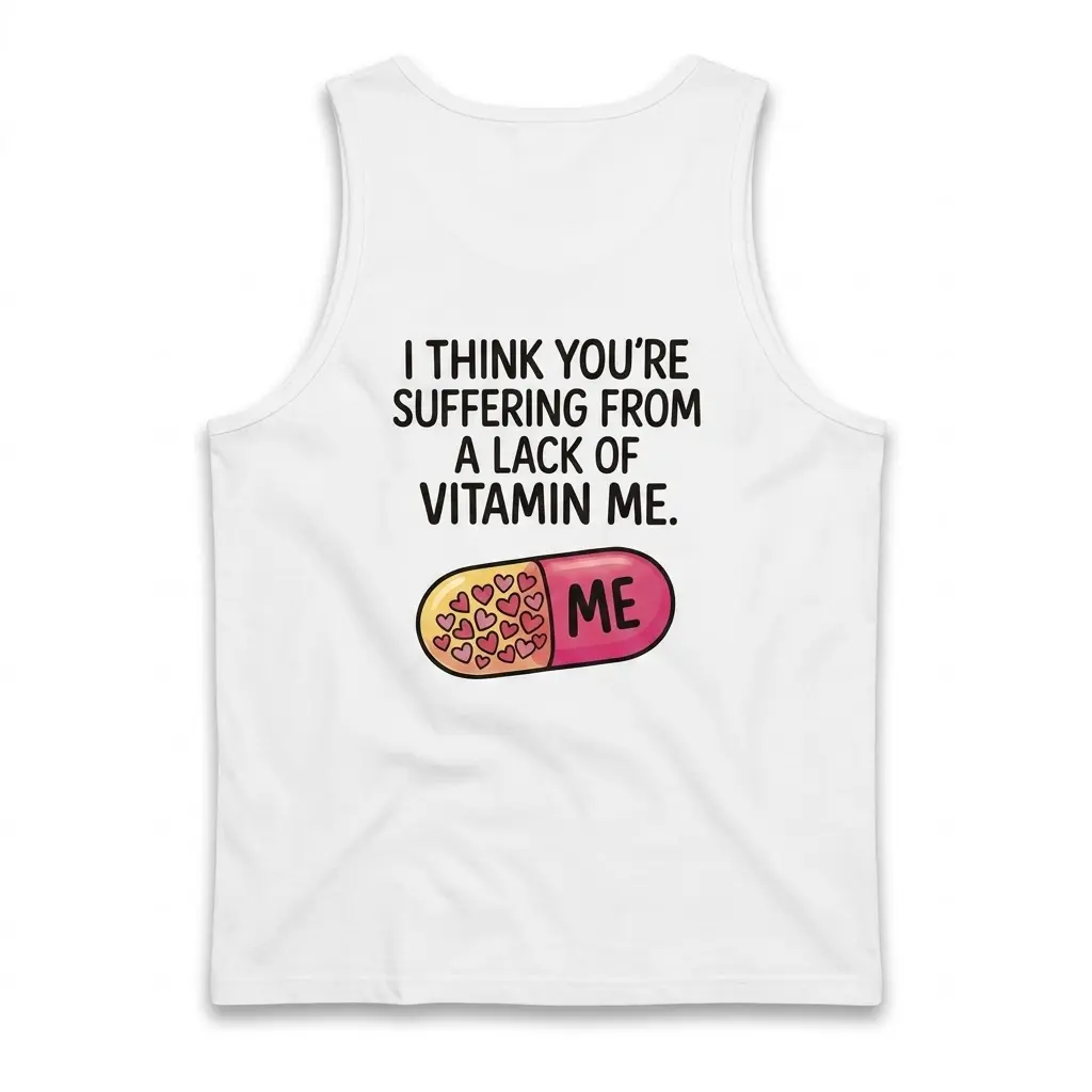 Lack of Vitamin Me Funny Graphic T-Shirt 3 Flat lay back view of a tank top with the Lack of Vitamin Me design and pink pill graphic.