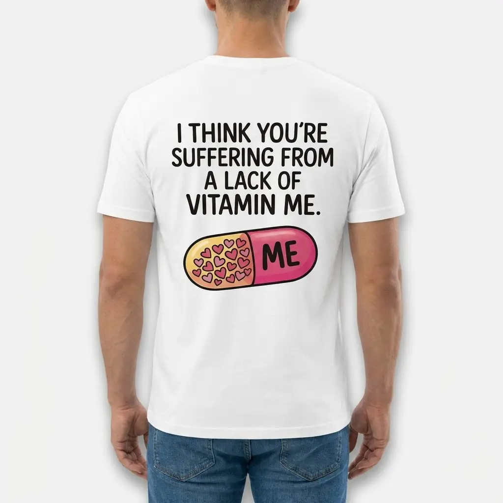 Lack of Vitamin Me Funny Graphic T-Shirt 4 Back view of a man wearing the Lack of Vitamin Me graphic t-shirt.