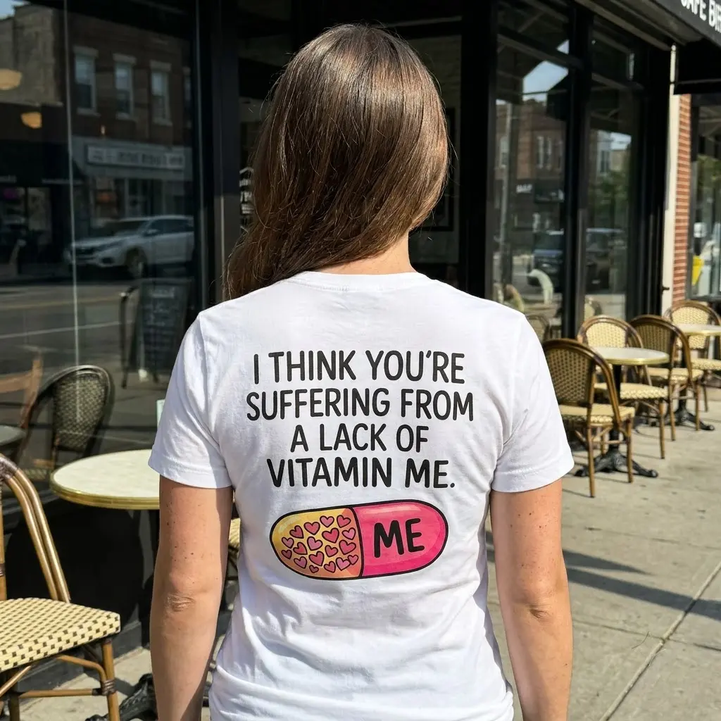 Lack of Vitamin Me Funny Graphic T-Shirt 5 Lifestyle shot of the Lack of Vitamin Me shirt featuring the flirtatious heart pill design.