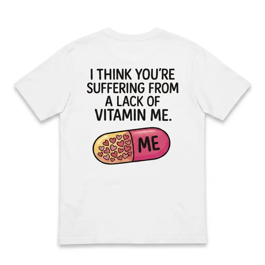 Lack of Vitamin Me Funny Graphic T-Shirt 1 Back flat lay of a white t-shirt reading I Think You're Suffering From A Lack Of Vitamin Me with a pink heart pill graphic.