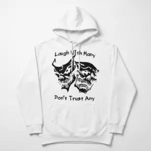 Laugh With Many Don't Trust Any T-Shirt 7 Front view of a white t-shirt showcasing a striking graphic design of skulls, emphasizing the slogan 'Don't Trust Any'.