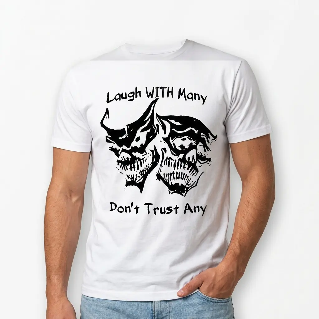 Laugh With Many Don't Trust Any T-Shirt 3 Close-up of the t-shirt's artwork, highlighting the intricate details of the skull design and the text above.