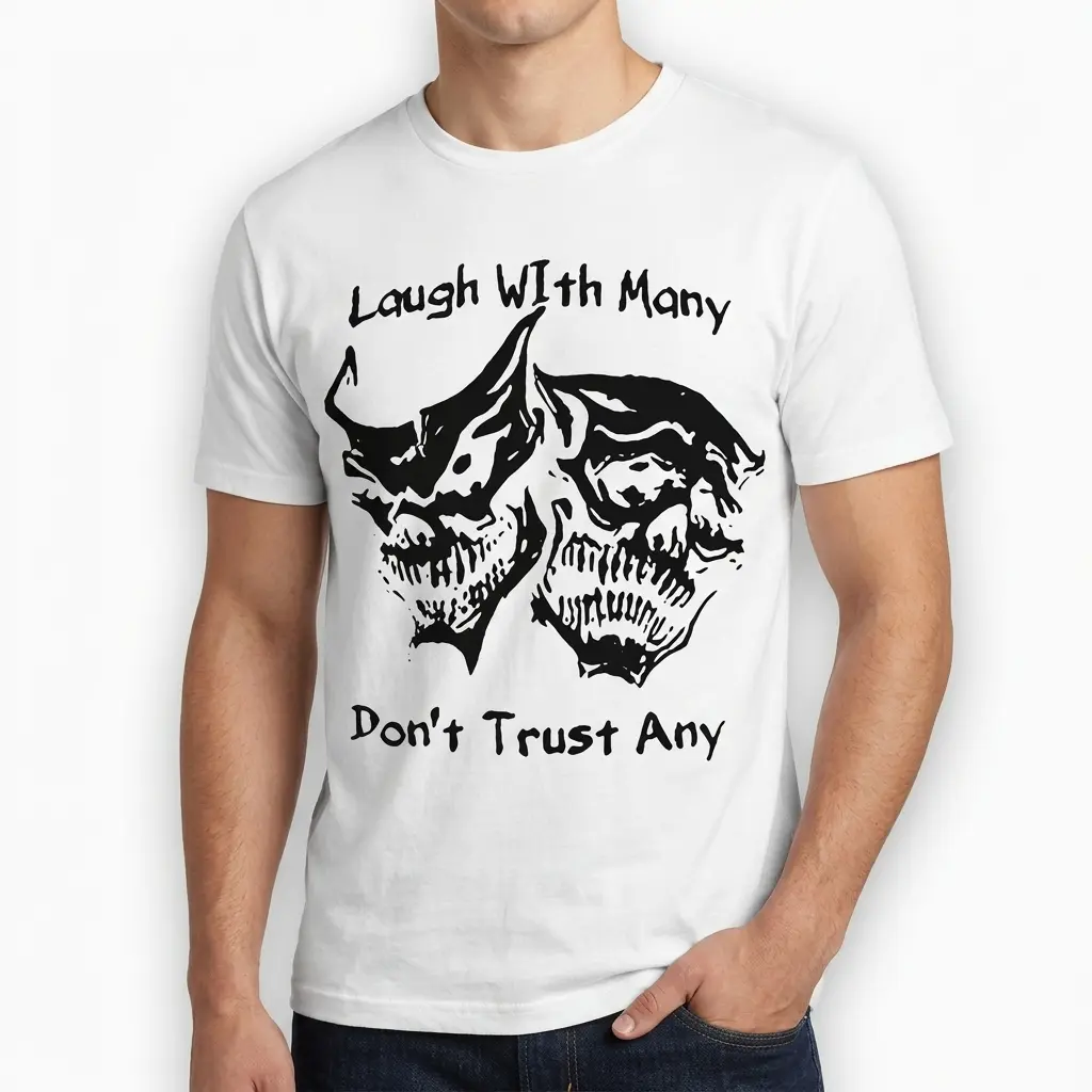 Laugh With Many Don't Trust Any T-Shirt 5 Flat lay of a white Thug Life shirt displaying a dual skull design with the phrase 'Don't Trust Any' prominently featured.