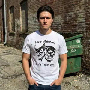 Laugh With Many Don't Trust Any T-Shirt 11 Model wearing the t-shirt in a casual setting, showcasing the bold skull design and playful text in a relaxed pose.