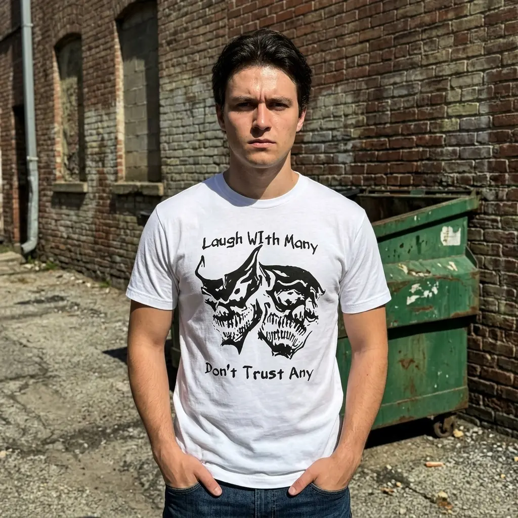 Laugh With Many Don't Trust Any T-Shirt 6 Model wearing the t-shirt in a casual setting, showcasing the bold skull design and playful text in a relaxed pose.