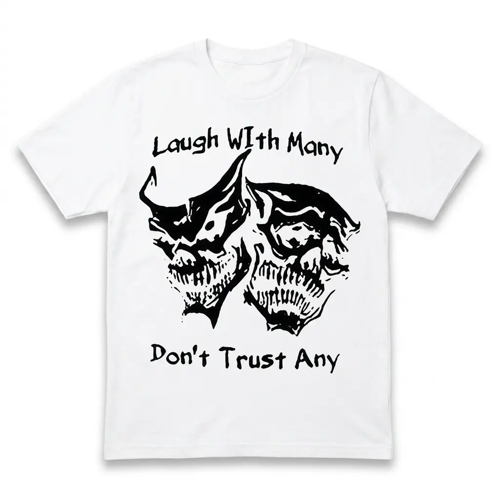 Laugh With Many Don't Trust Any T-Shirt 1 Thug Life shirt featuring a bold design with two skulls and the text 'Laugh With Many Don't Trust Any' on a white background.