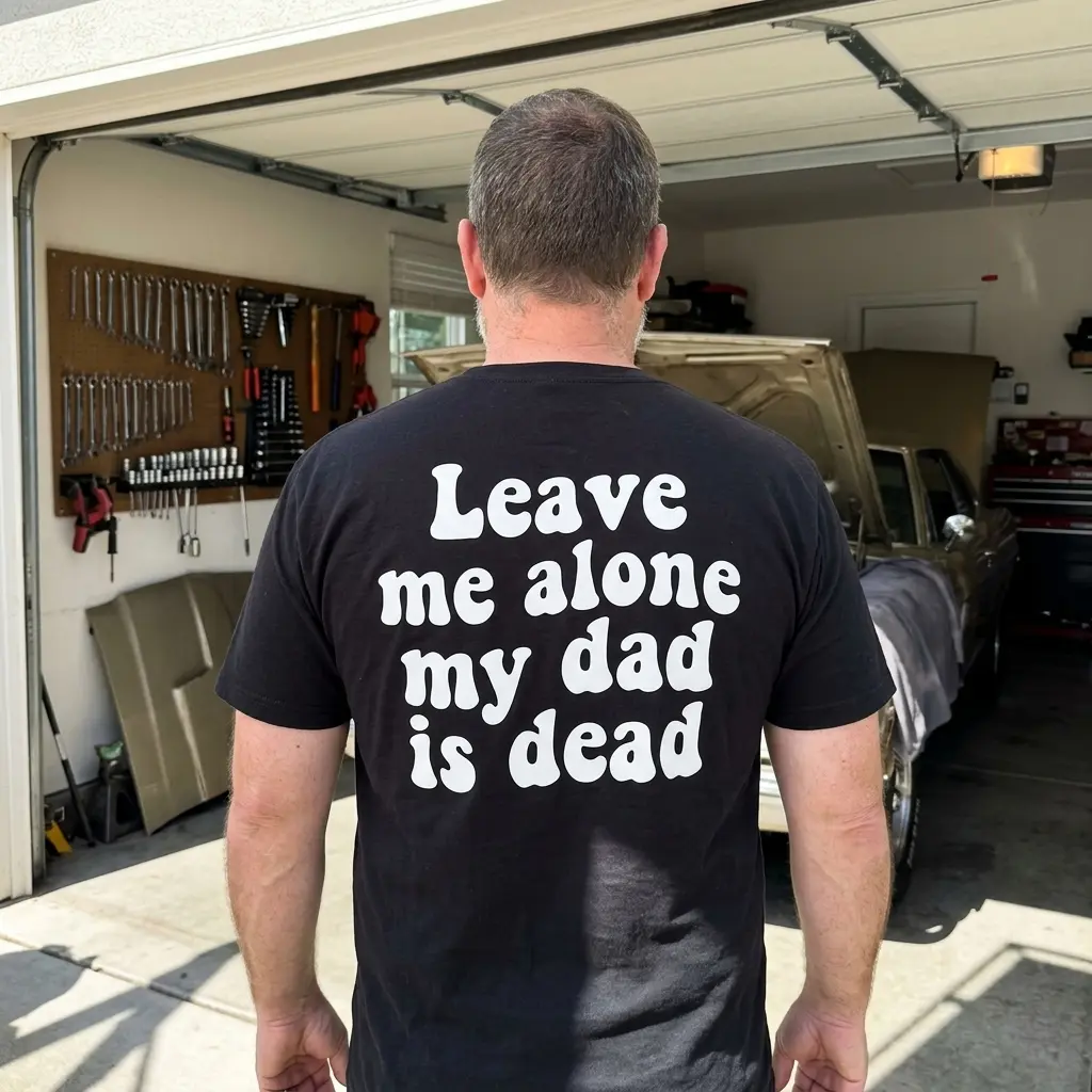 Leave Me Alone My Dad Is Dead Graphic Tee 6 Person wearing dark humor t-shirt outdoors, showcasing back text design.