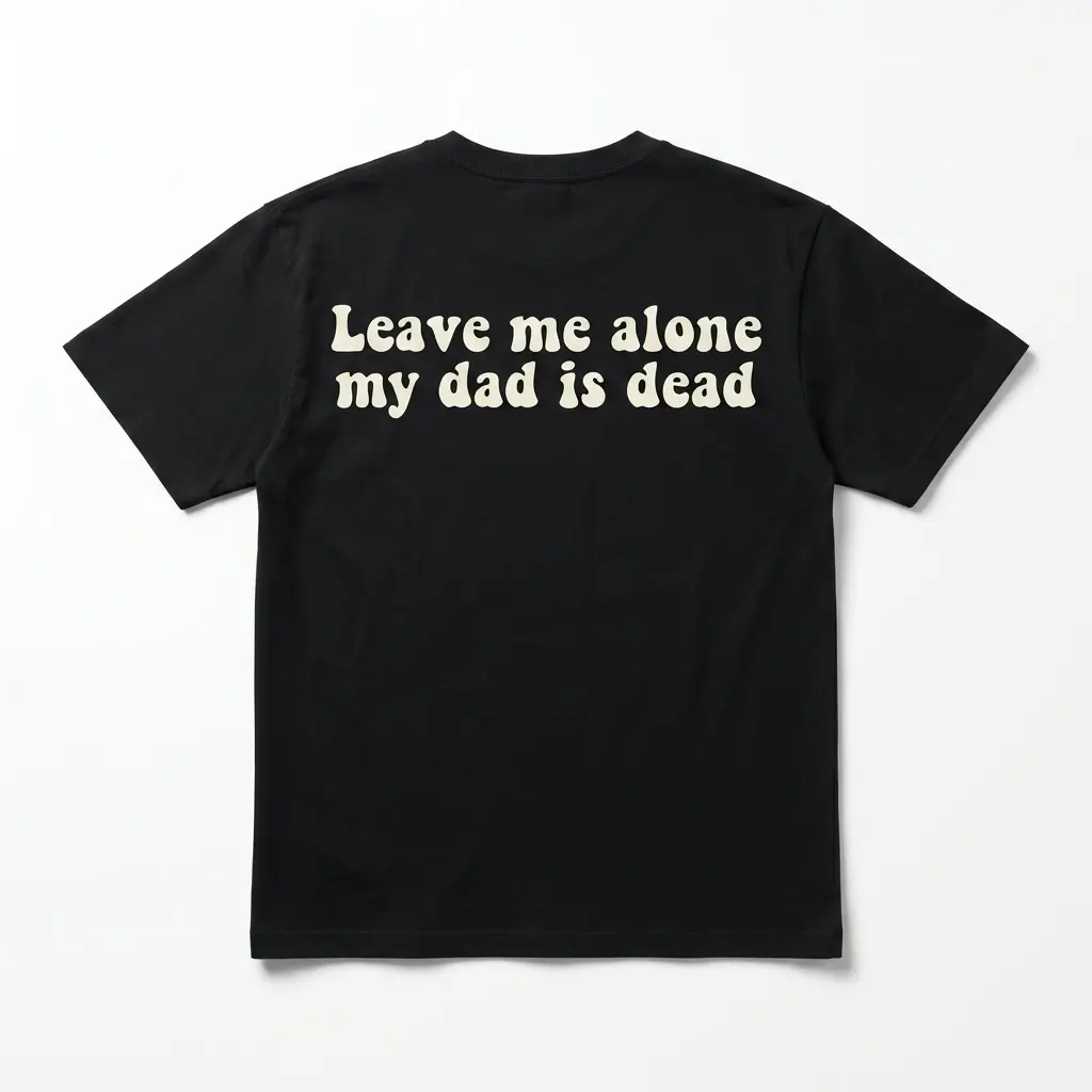 Leave Me Alone My Dad Is Dead Graphic Tee 1 Back view of black t-shirt with 'Leave me alone my dad is dead' printed in bold text.