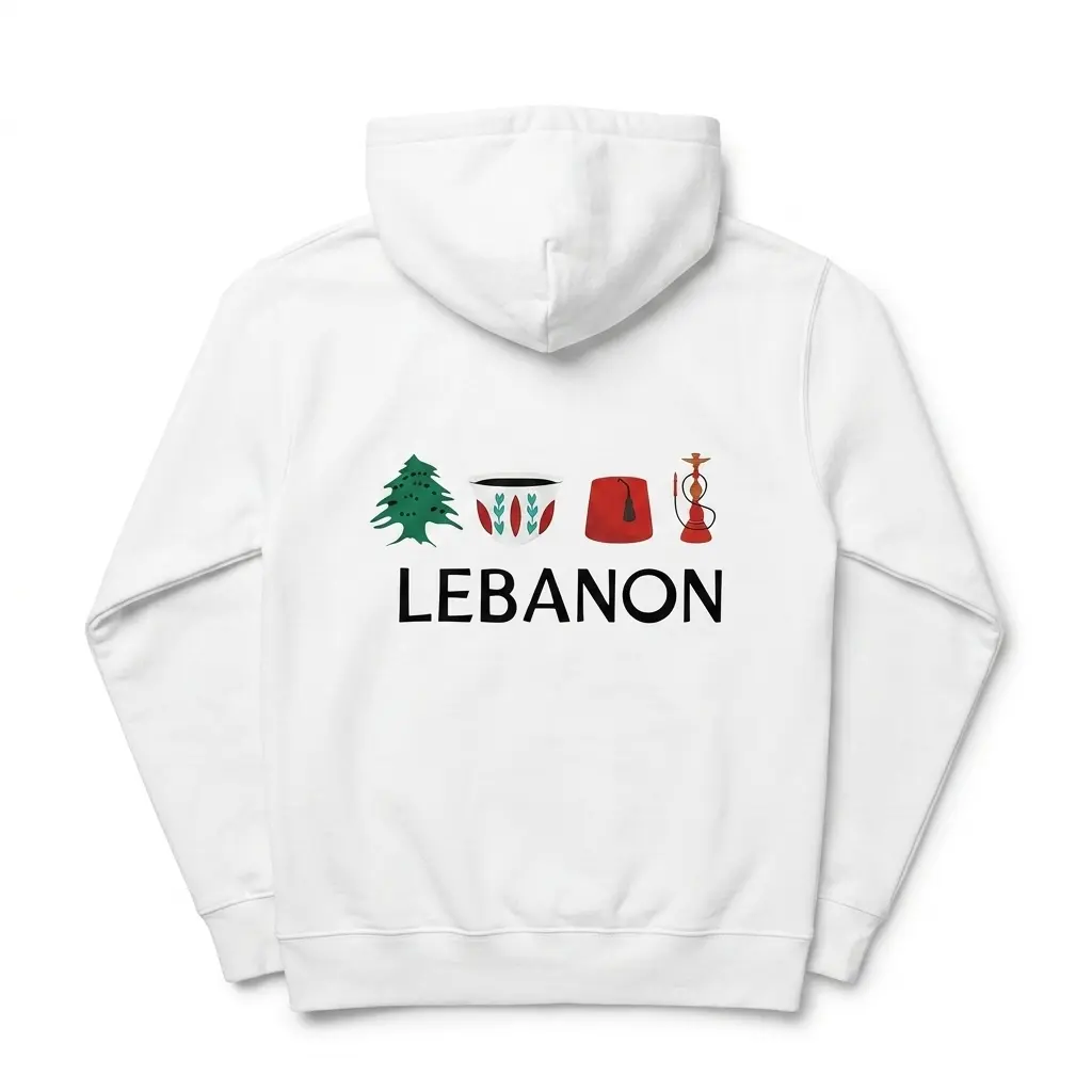 Back view of the Lebanese heritage t-shirt showcasing cultural icons arranged with the word 'LEBANON' in bold.