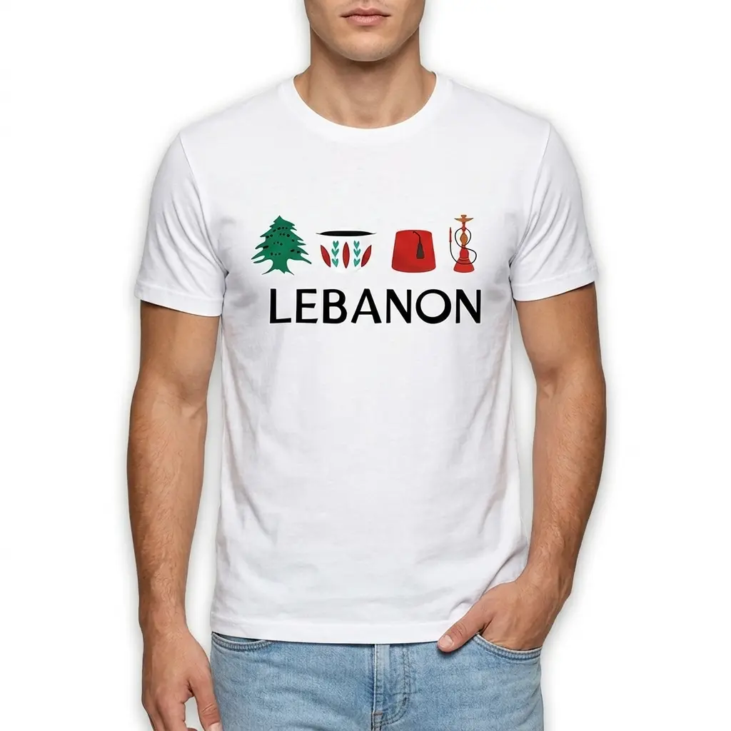Detailed view of the Lebanese cultural icons printed on a white t-shirt, highlighting the design elements.
