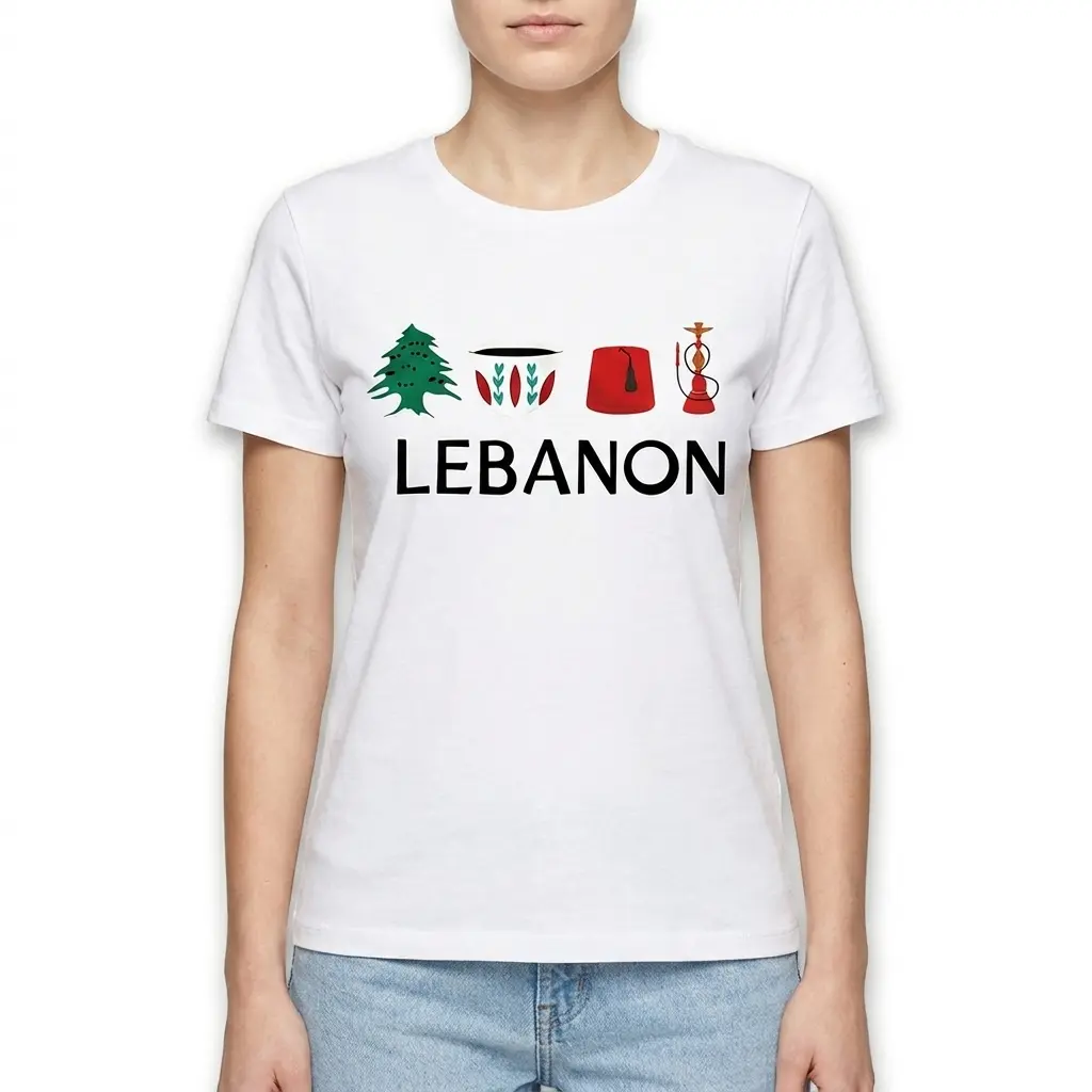 Close-up of the iconic Lebanese symbols on the t-shirt's back, emphasizing the cultural theme.