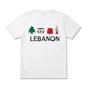 White t-shirt featuring iconic Lebanese symbols, including a cedar, traditional pot, fez, and hookah.