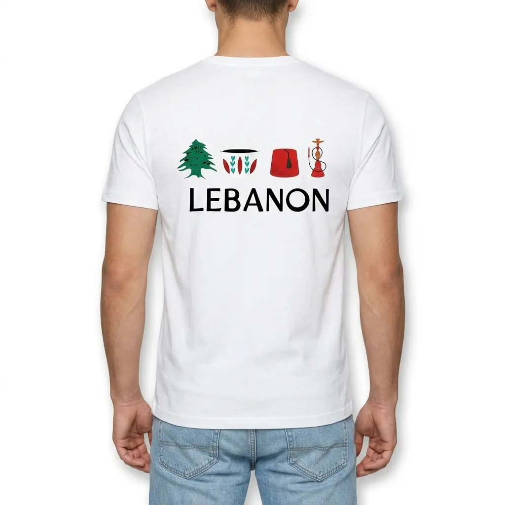 T-shirt displayed flat, featuring a unique design celebrating Lebanese heritage with various traditional icons.