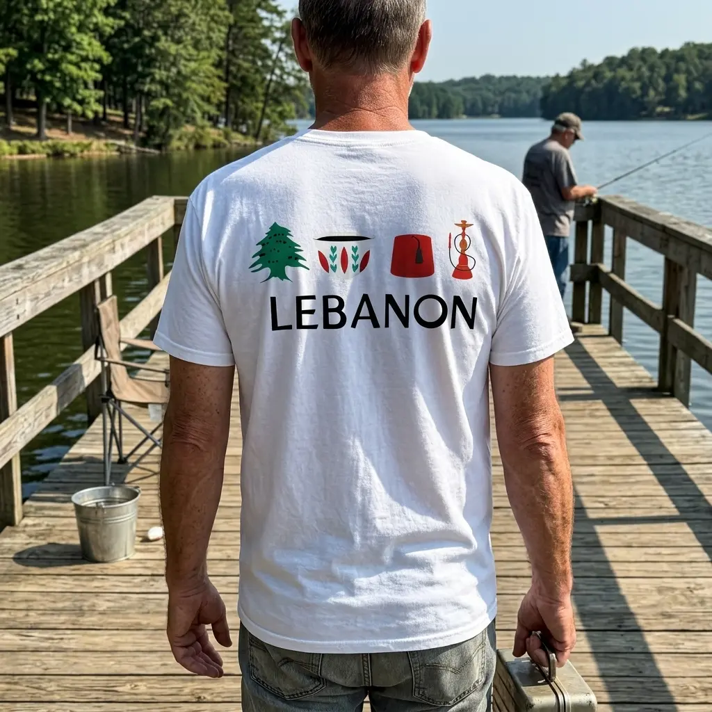 Model wearing a white Lebanese heritage t-shirt outdoors, displaying cultural symbols prominently.