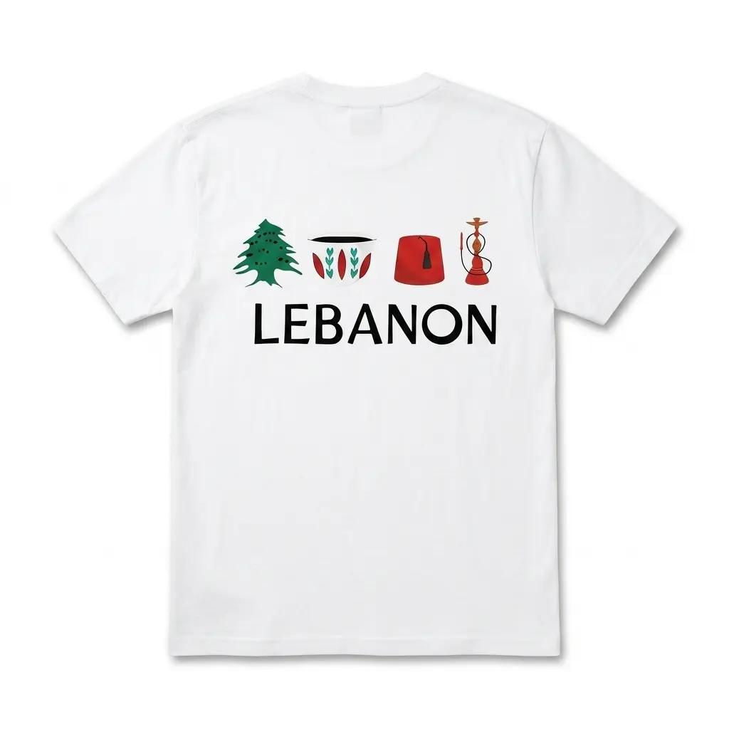 White t-shirt featuring iconic Lebanese symbols, including a cedar, traditional pot, fez, and hookah.