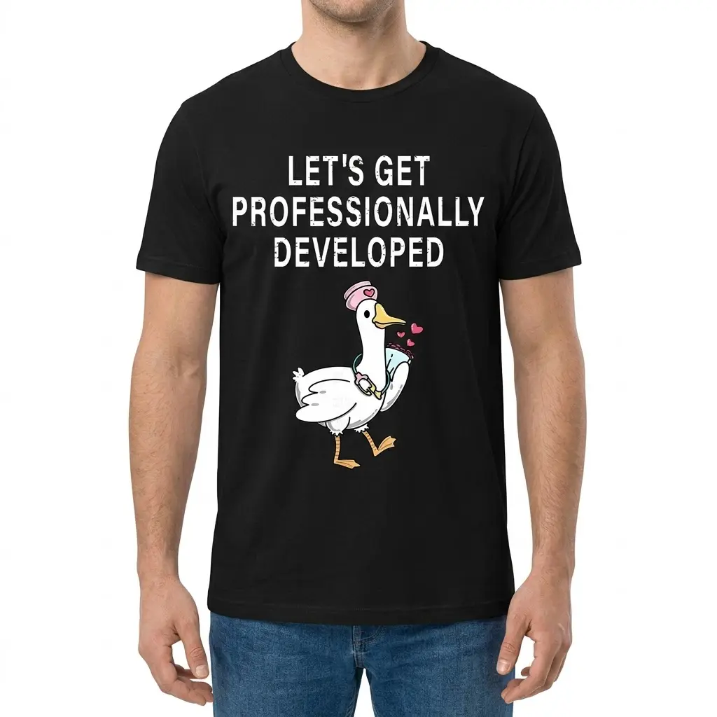 Let's Get Professionally Developed Duck T-Shirt 4 Man wearing black t-shirt with 'Let's Get Professionally Developed' and cute duck graphic.